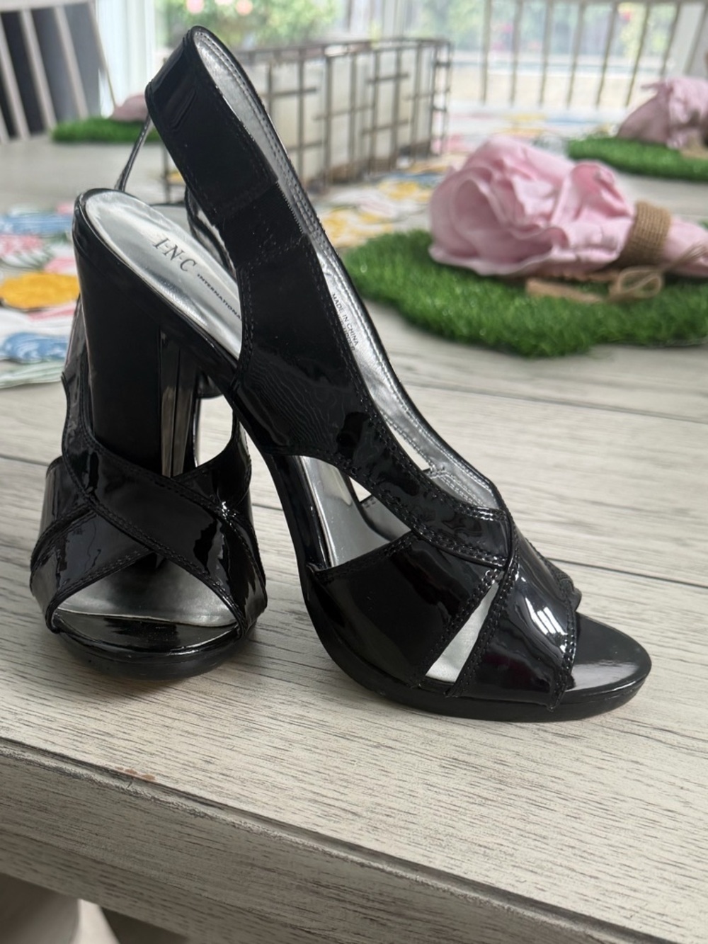 INC Black Patent Peep-Toe Slingback Block Heels Women's Size 7.5 EUC
